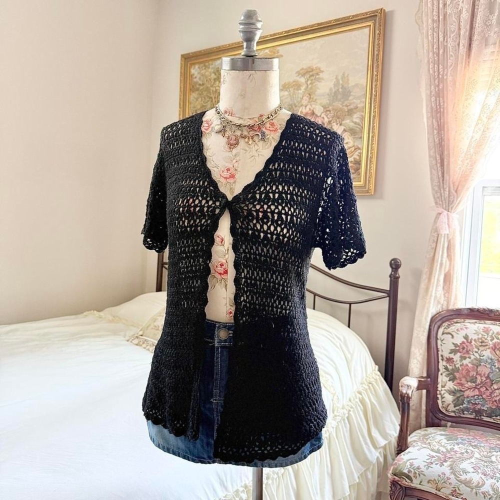 Y2K Style & Co black crochet cardigan size petite medium - Picture 2 of 5
